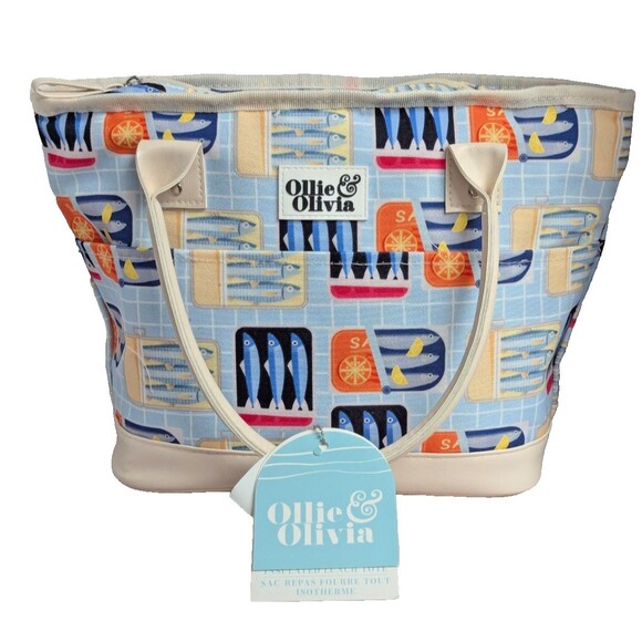 Ollie & Olivia Fish Design Insulated Lunch Box 2 Containers Cream Blue Gift NEW - Picture 2 of 10